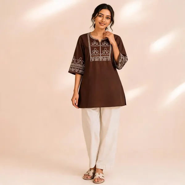 Brown_Slub_Cotton_Embroidered_Kurti_With_Pant_For_Women