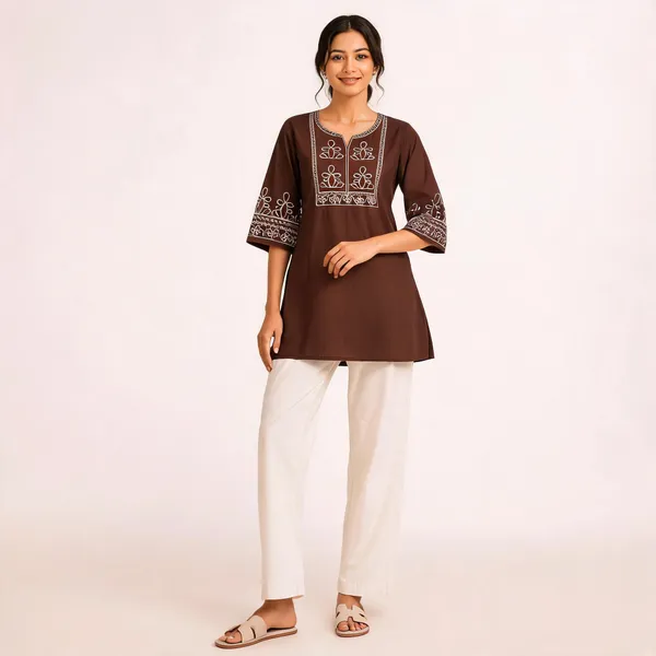 Brown_Slub_Cotton_Embroidered_Kurti_With_Pant_For_Women
