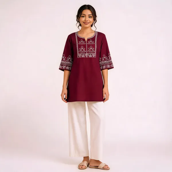 Maroon_Slub_Cotton_Embroidered_Kurti_With_Pant_For_Women
