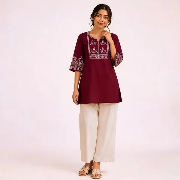 Maroon_Slub_Cotton_Embroidered_Kurti_With_Pant_For_Women