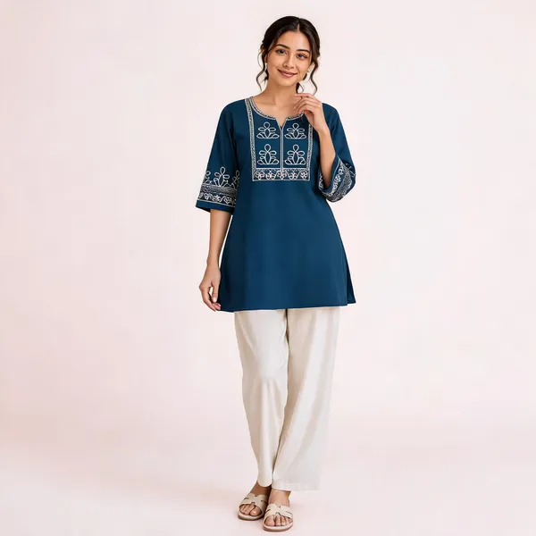 Blue_Slub_Cotton_Embroidered_Kurti_With_Pant_For_Women
