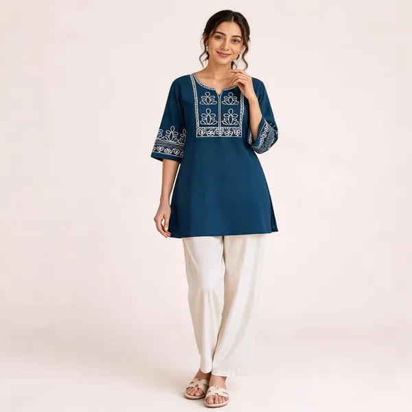 Blue_Slub_Cotton_Embroidered_Kurti_With_Pant_For_Women