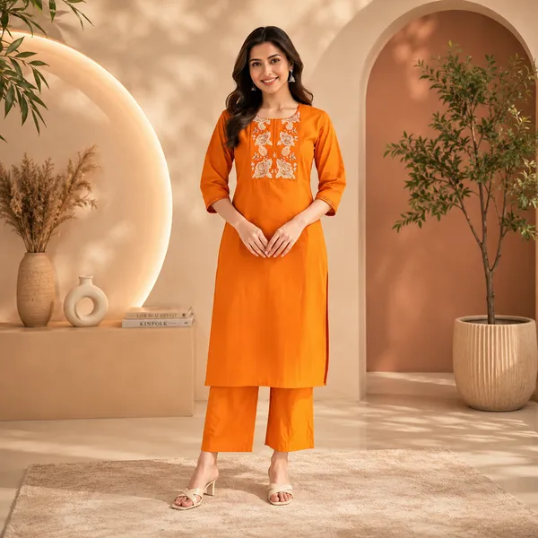 Orange_Cotton_Embroidered_Kurti_With_Pant_Set_For_Women