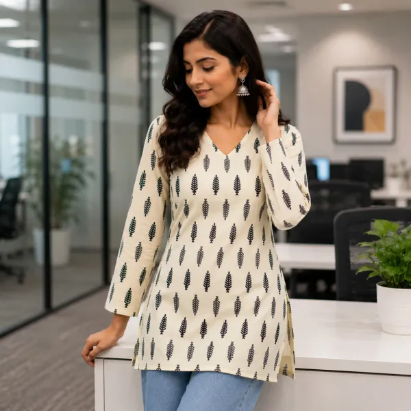 White_Cotton_Floral_Print_V_Neck_Short_Kurti_For_Women