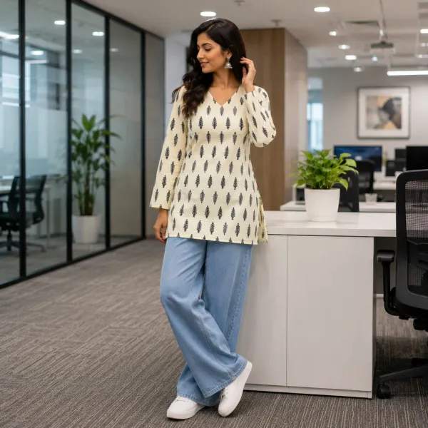 White_Cotton_Floral_Print_V_Neck_Short_Kurti_For_Women