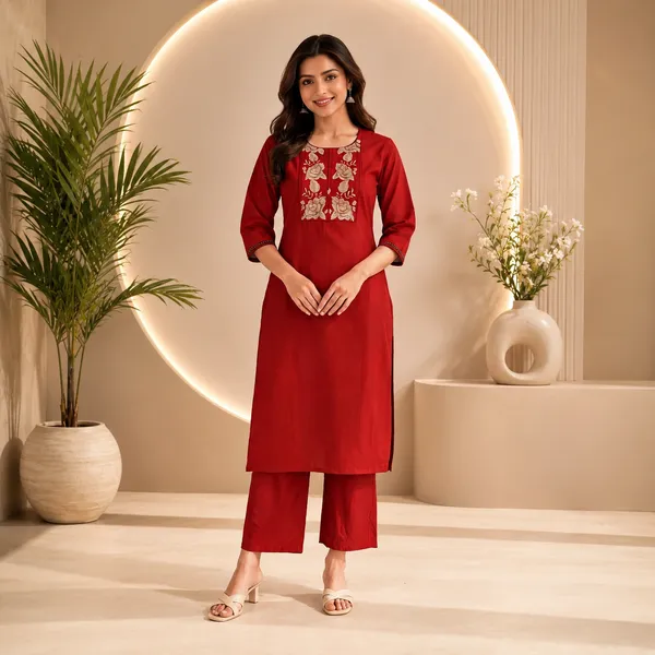 Red_Cotton_Embroidered_Kurti_With_Pant_Set_For_Women