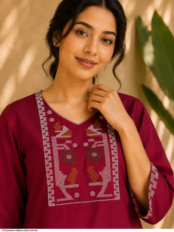 Maroon_Flex_Cotton_Embroidered_Kurti_With_Pant_For_Women