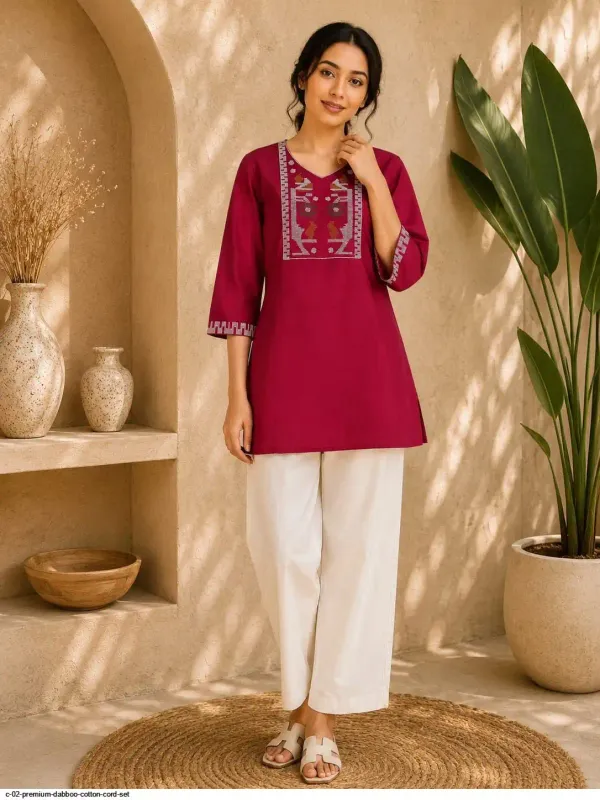 Maroon_Flex_Cotton_Embroidered_Kurti_With_Pant_For_Women