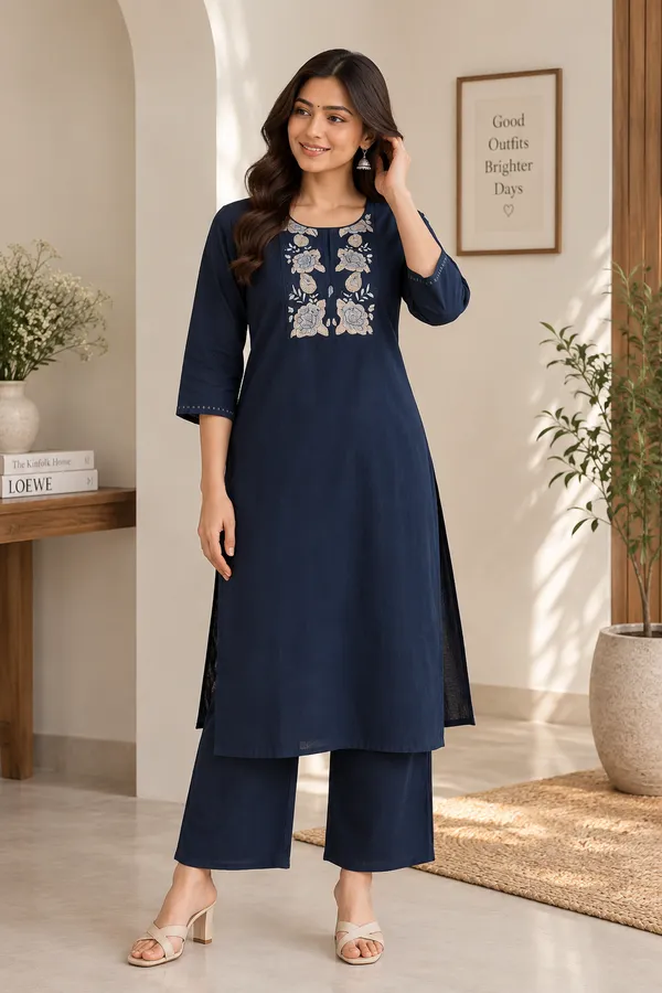 Blue_Cotton_Embroidered_Kurti_With_Pant_Set_For_Women