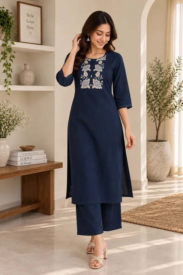 Blue_Cotton_Embroidered_Kurti_With_Pant_Set_For_Women
