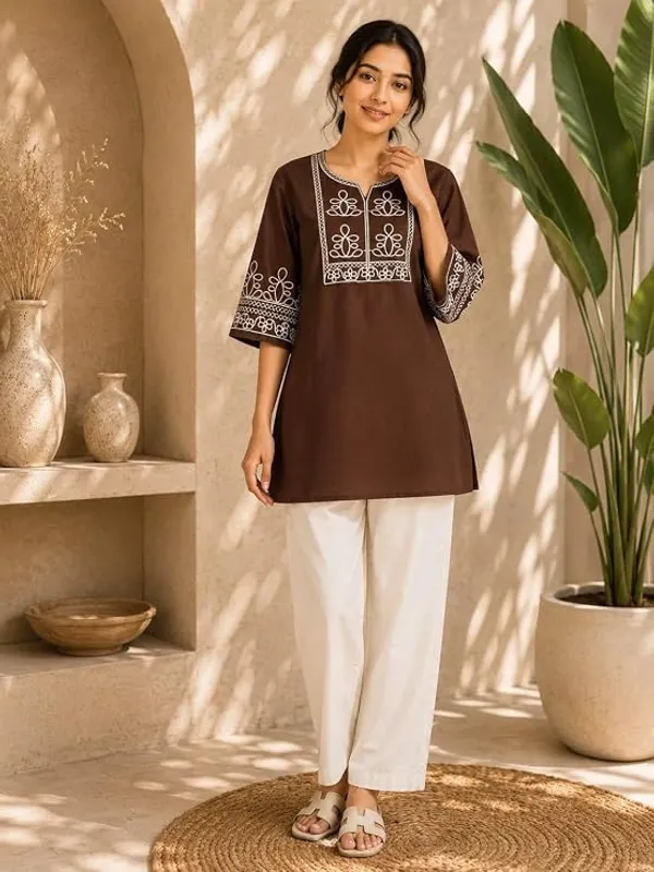 Brown_Slub_Cotton_Embroidered_Kurti_With_Pant_For_Women