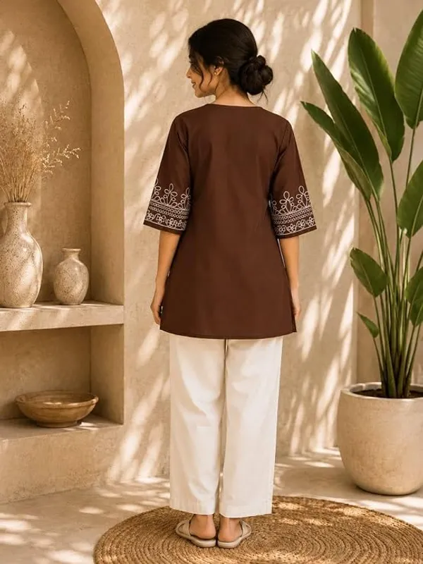 Brown_Slub_Cotton_Embroidered_Kurti_With_Pant_For_Women