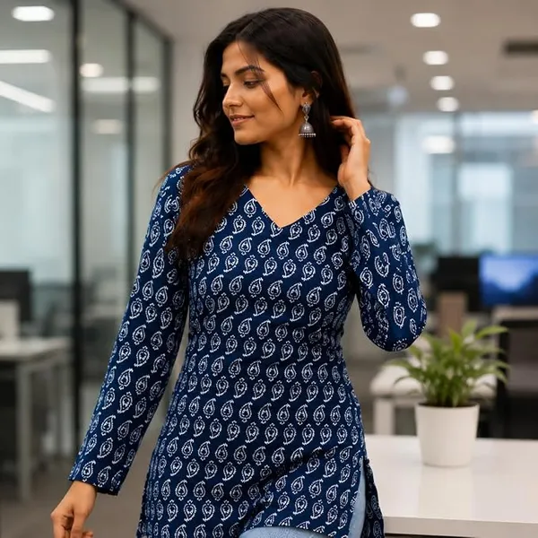 Blue_Cotton_Floral_Print_V_Neck_Short_Kurti_For_Women