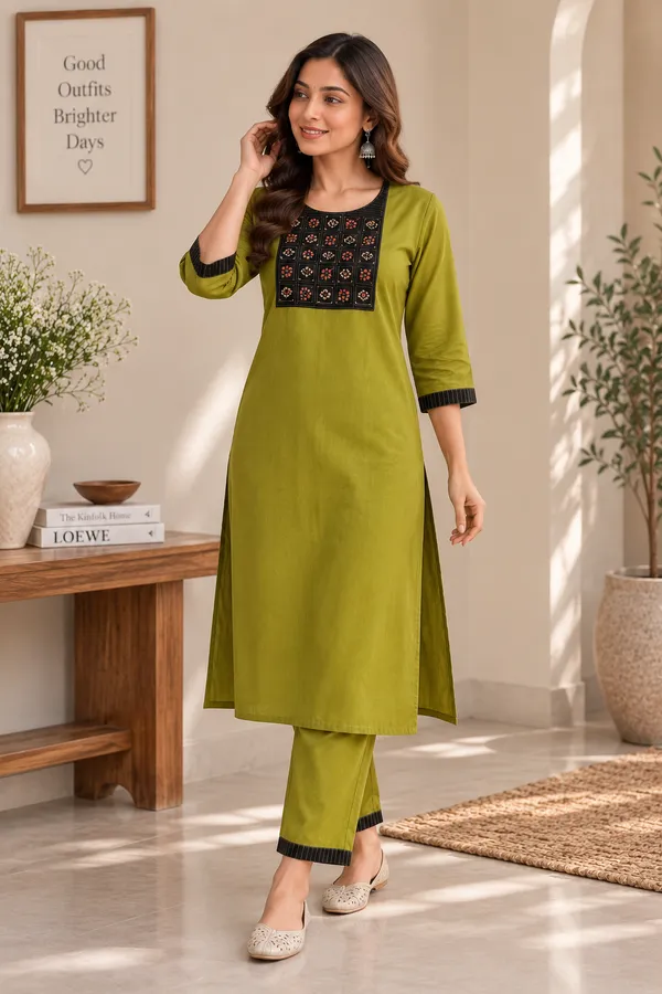 Green_Slub_Cotton_Printed_Kurti_With_Pant_Set_For_Women