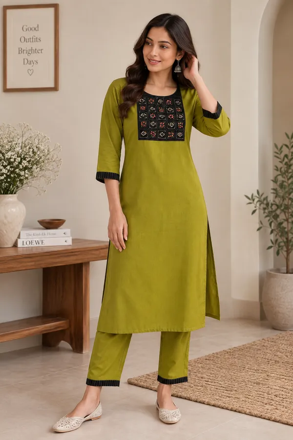 Green_Slub_Cotton_Printed_Kurti_With_Pant_Set_For_Women