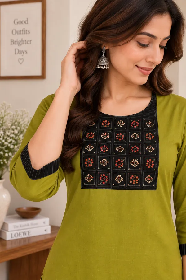 Green_Slub_Cotton_Printed_Kurti_With_Pant_Set_For_Women