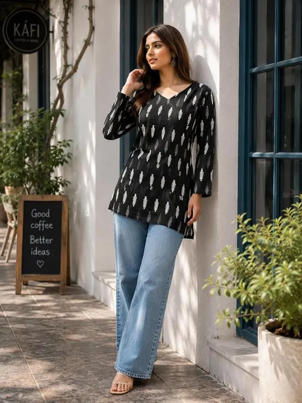 Black_Cotton_Floral_Print_V_Neck_Short_Kurti_For_Women