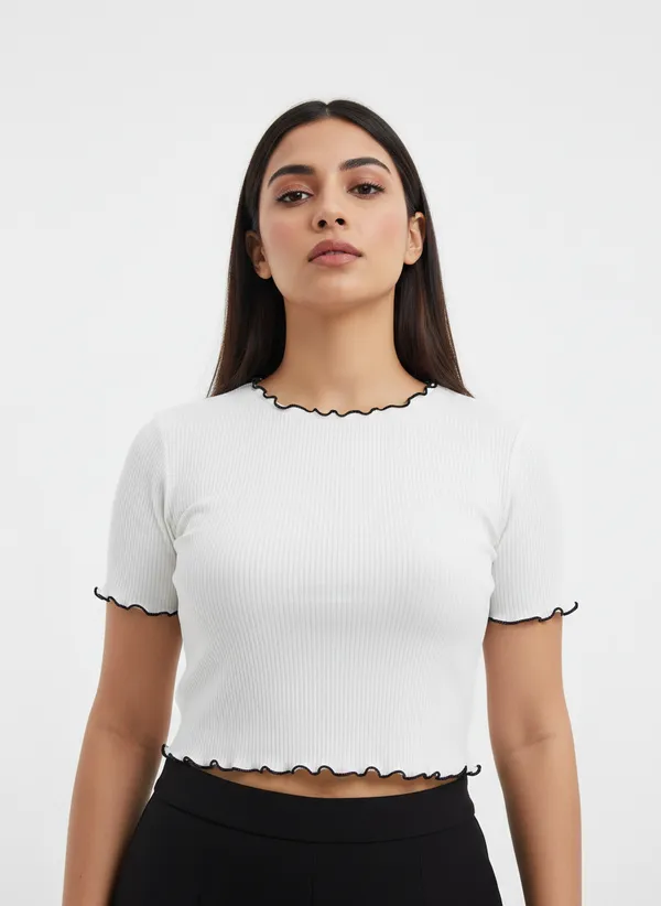 White_Polyester_Ribbed_Fitted_Top_For_Women
