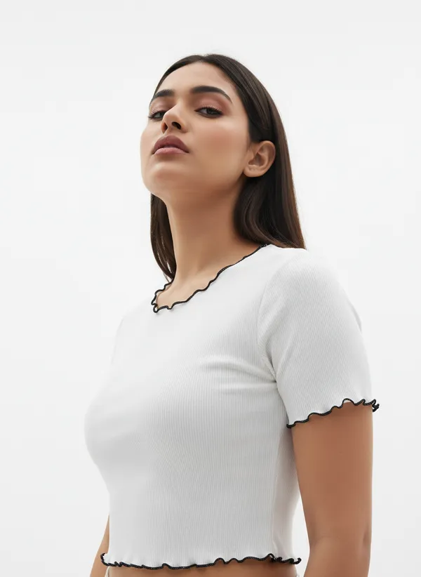 White_Polyester_Ribbed_Fitted_Top_For_Women