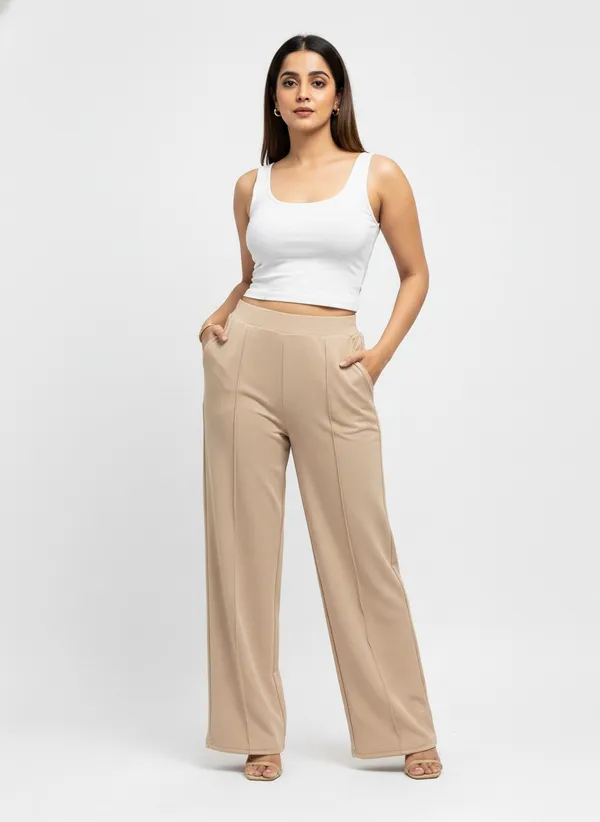 Beige_Polyester_Wide_Leg_Pants_For_Women