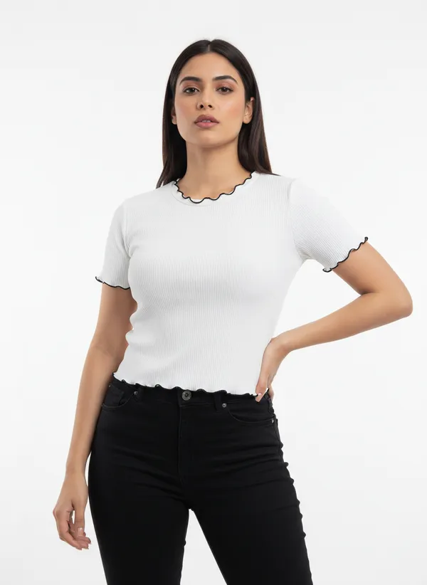 White_Polyester_Ribbed_Fitted_Top_For_Women