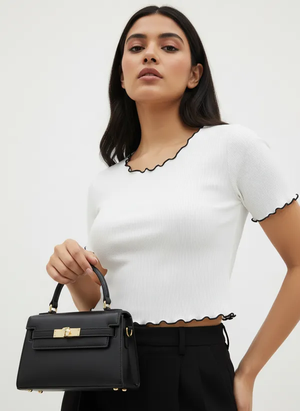 White_Polyester_Ribbed_Fitted_Top_For_Women