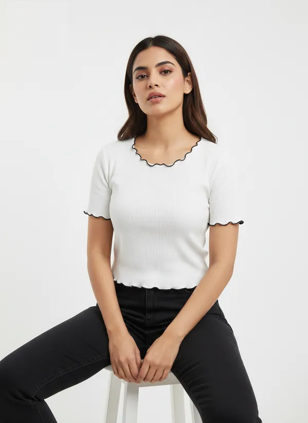White_Polyester_Ribbed_Fitted_Top_For_Women