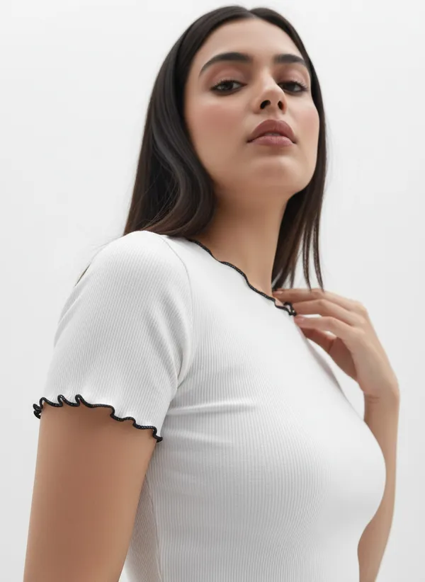White_Polyester_Ribbed_Fitted_Top_For_Women