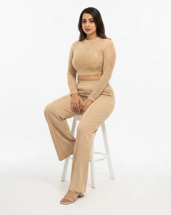 Beige_Polyester_Wide_Leg_Pants_For_Women