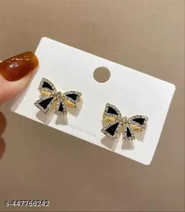 Black_Enamel_Crystal_Bow_Stud_Pearl_Centre_Earrings_For_Women