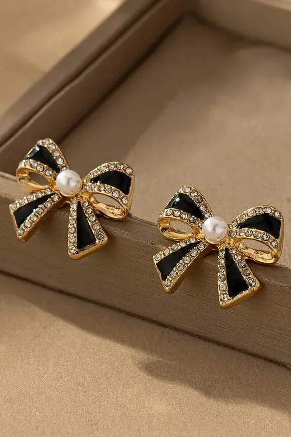 Black_Enamel_Crystal_Bow_Stud_Pearl_Centre_Earrings_For_Women