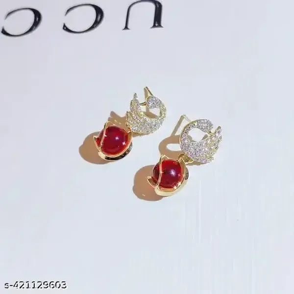 Red_Simulated_Pearl_Gold_Tone_Bead_Drop_Earrings_For_Women