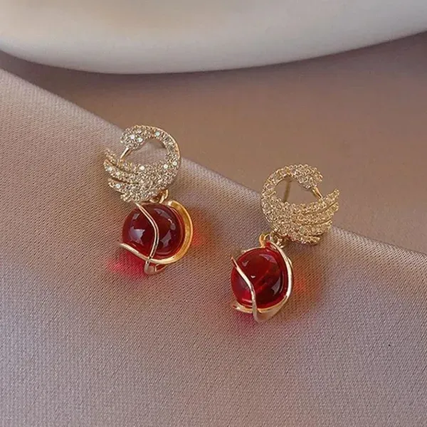 Red_Simulated_Pearl_Gold_Tone_Bead_Drop_Earrings_For_Women