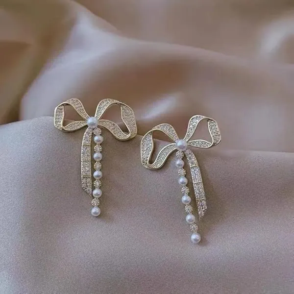 Golden_Crystal_Rhinestone_Bow_Pearl_Accent_Earrings_For_Women