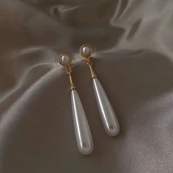 White_Stainless_Steel_Teardrop_Pearl_Gold_Tone_Dangle_Earrings_For_Women