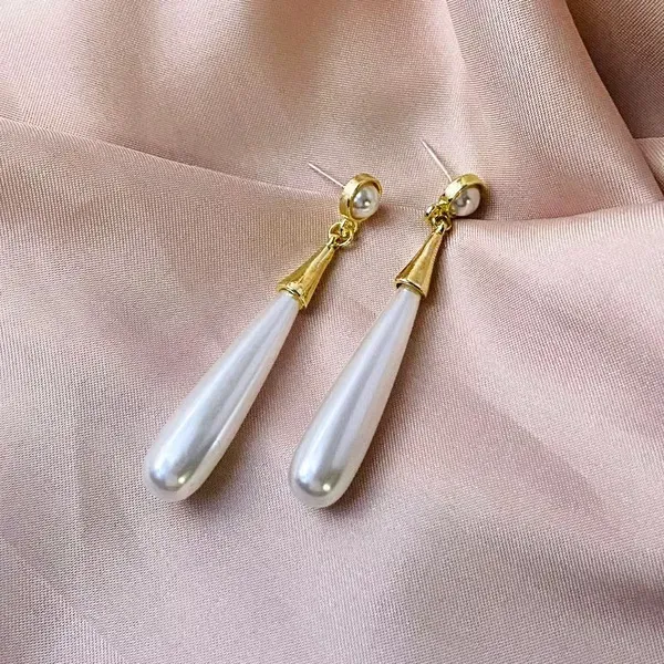 White_Stainless_Steel_Teardrop_Pearl_Gold_Tone_Dangle_Earrings_For_Women