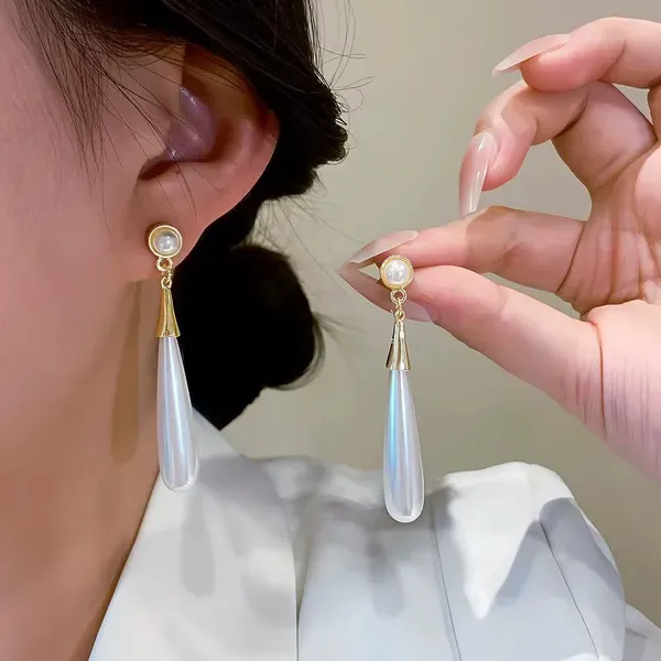 White_Stainless_Steel_Teardrop_Pearl_Gold_Tone_Dangle_Earrings_For_Women