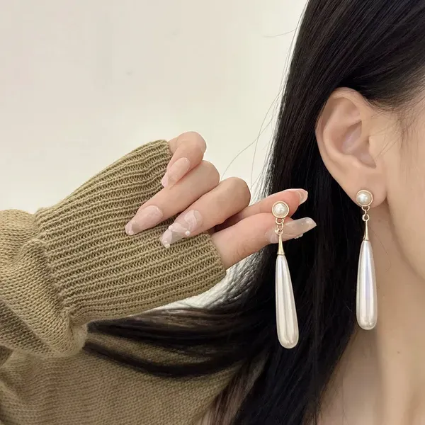 White_Stainless_Steel_Teardrop_Pearl_Gold_Tone_Dangle_Earrings_For_Women