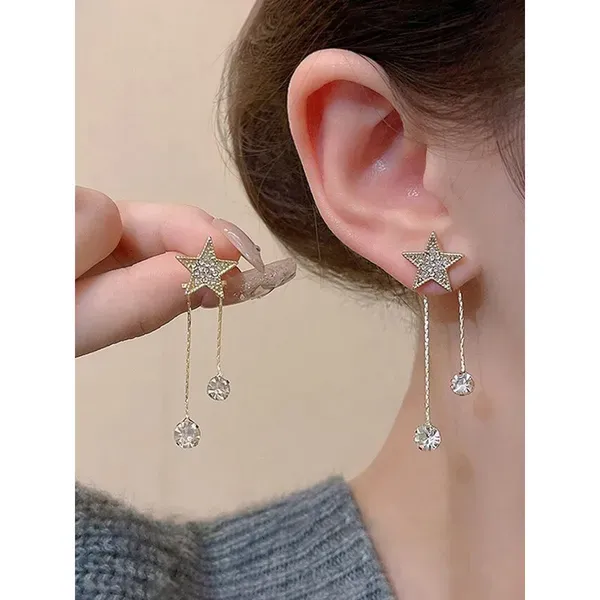 Crystal_Gold_Tone_Star_Rhinestone_Chain_Drop_Earrings_For_Women