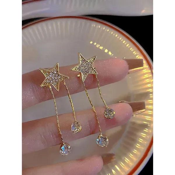 Crystal_Gold_Tone_Star_Rhinestone_Chain_Drop_Earrings_For_Women