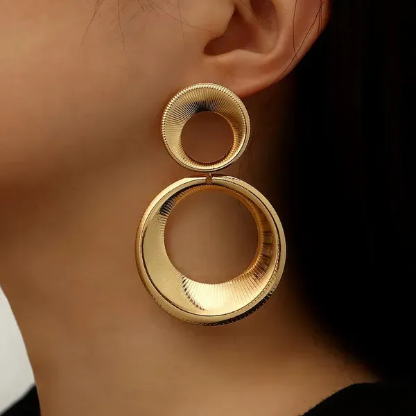 Gold_Plated_Ribbed_Double_Hoop_Drop_Earrings_For_Women