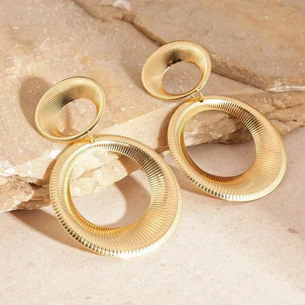 Gold_Plated_Ribbed_Double_Hoop_Drop_Earrings_For_Women