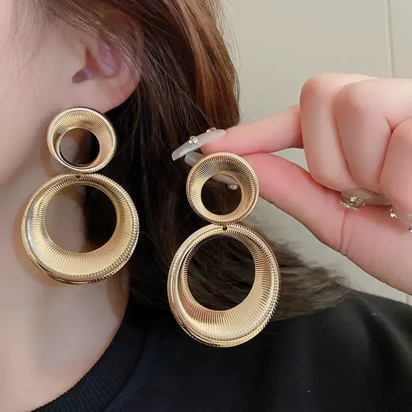 Gold_Plated_Ribbed_Double_Hoop_Drop_Earrings_For_Women
