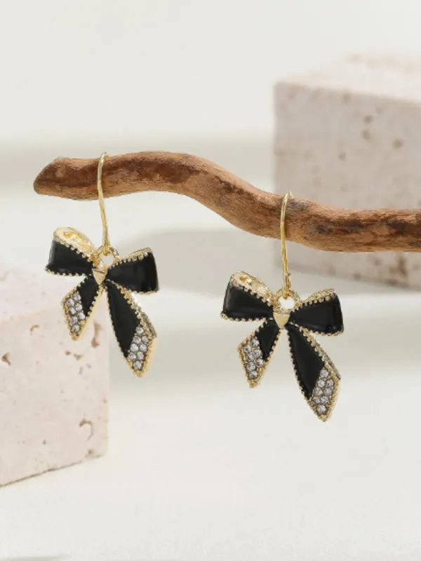 Black_Enamel_Gold_Plated_Bow_Drop_Earrings_For_Women