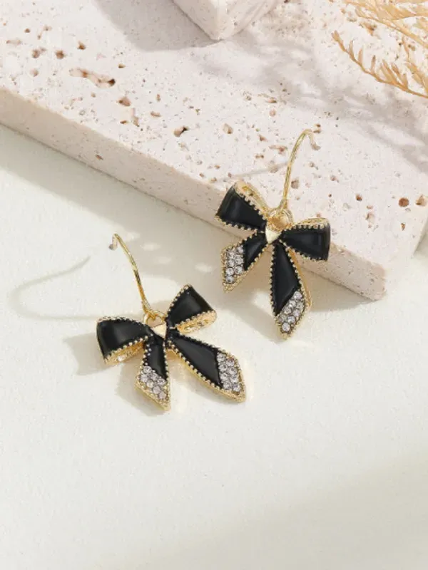 Black_Enamel_Gold_Plated_Bow_Drop_Earrings_For_Women