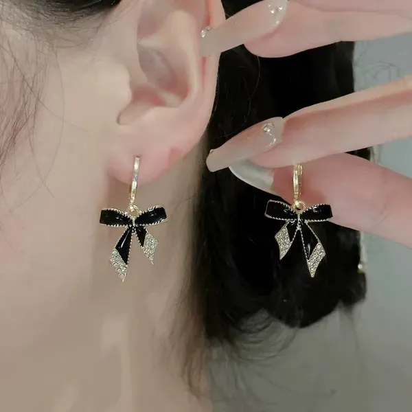 Black_Enamel_Gold_Plated_Bow_Drop_Earrings_For_Women
