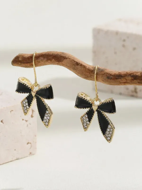 Black_Enamel_Gold_Plated_Bow_Drop_Earrings_For_Women