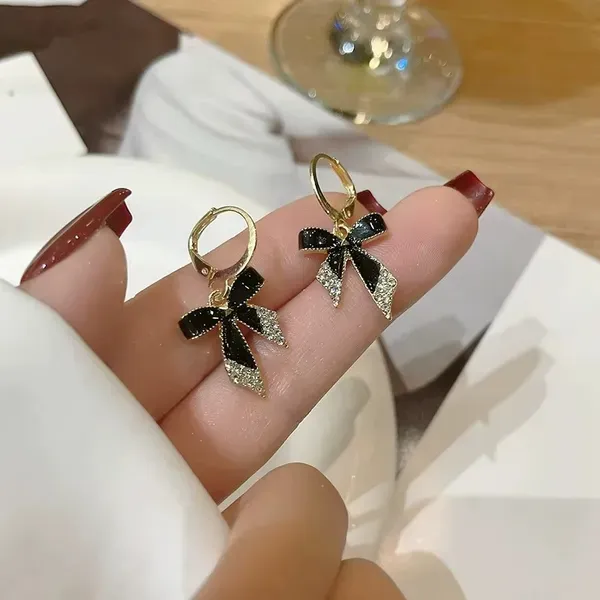Black_Enamel_Gold_Plated_Bow_Drop_Earrings_For_Women