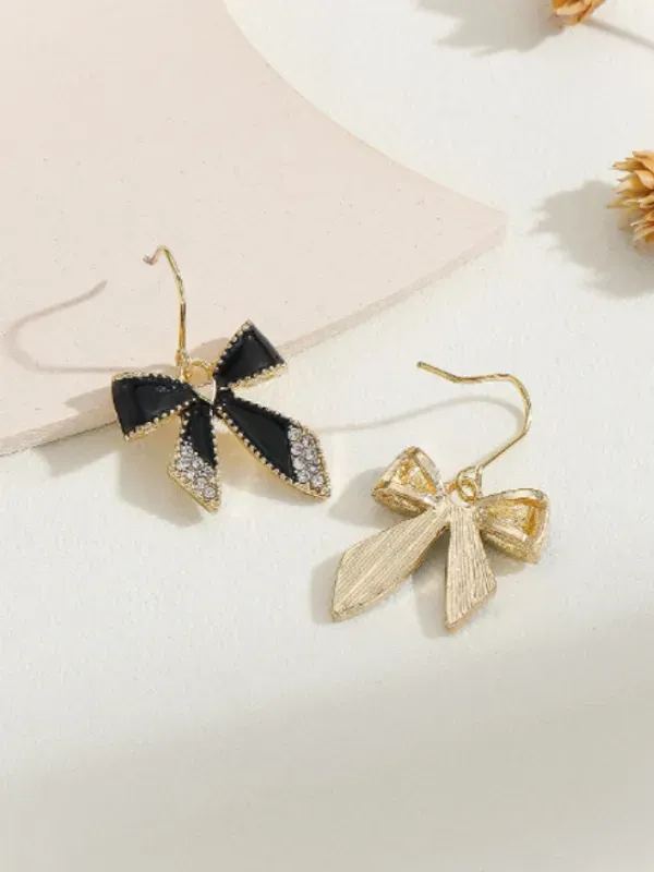 Black_Enamel_Gold_Plated_Bow_Drop_Earrings_For_Women
