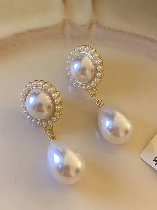 White_Pearl_Teardrop_Dangle_Round_Stud_Earrings_For_Women
